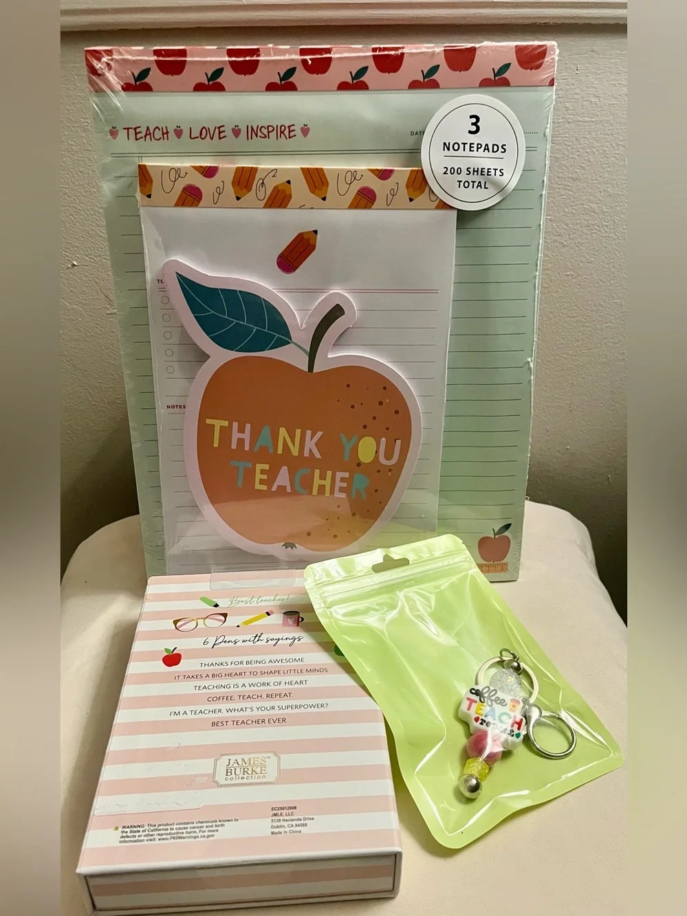 JAMES BURKE NWT Teacher Bundle. Notepad, Pen Set & Keychain/Bag Charm.